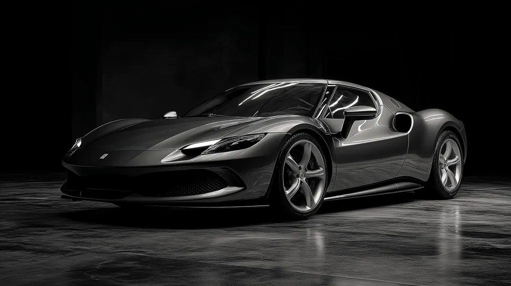 A sleek, dark gray sports car sits in a dimly lit garage.  The car's curves and aerodynamic design are highlighted by the low light.  The metallic paint gleams subtly, reflecting the surrounding darkness.  The car's powerful stance and sophisticated details suggest high performance and luxury. The image emphasizes the car's beauty and elegance.
