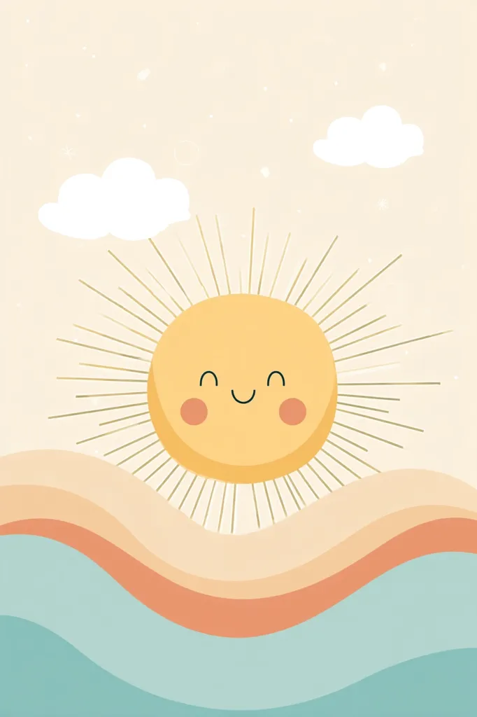 A cheerful illustration features a smiling sun with rays, set against a soft beige sky with fluffy white clouds. Below, stylized waves in pastel shades of orange, peach, and teal create a calming beach scene. The overall aesthetic is minimalist and evokes feelings of warmth, happiness, and summer.  The sun's simple face adds a touch of childlike charm.