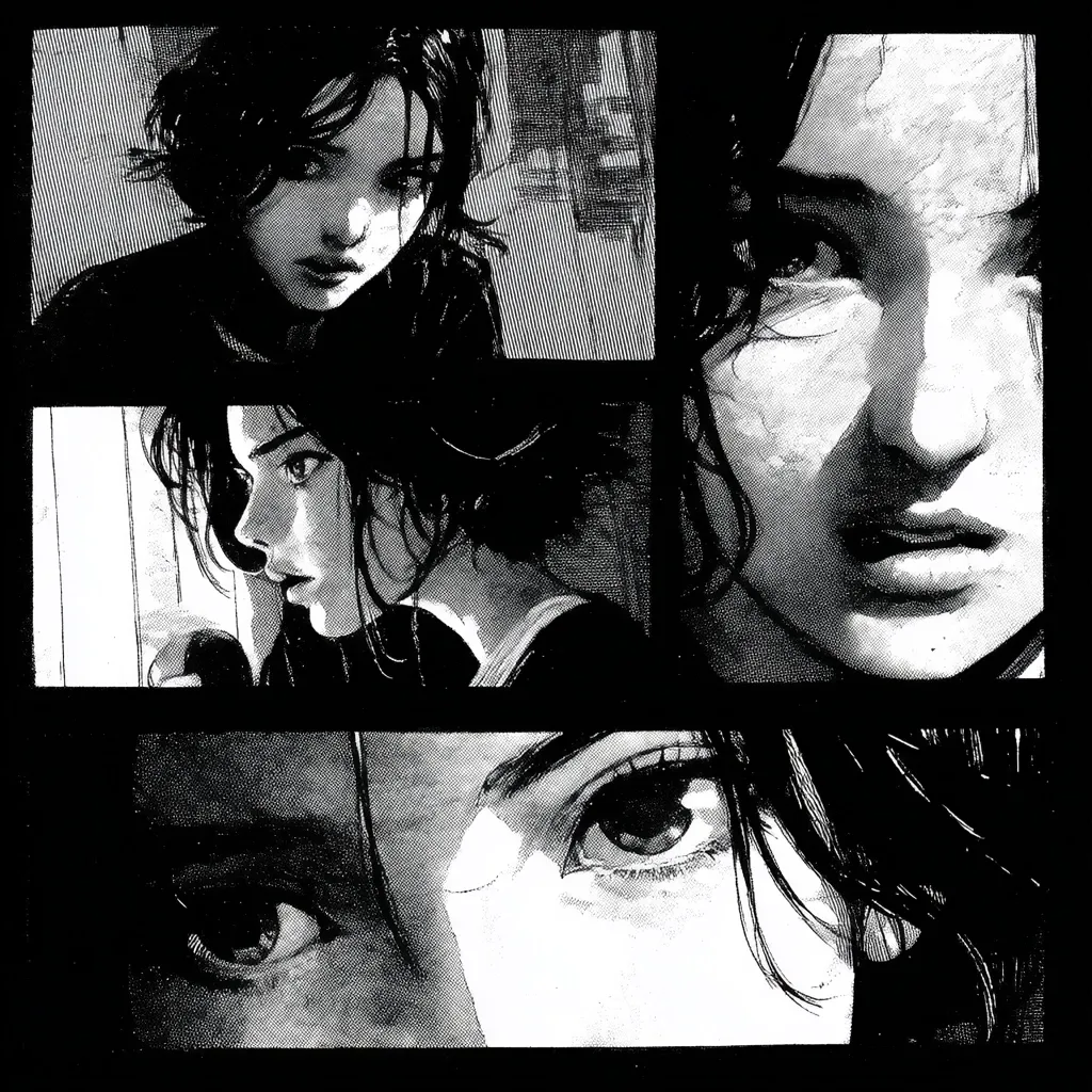 A black and white illustration showcases a woman's face in various close-ups and angles.  Her dark hair frames her expressive eyes and features, captured in a series of panels. The style is reminiscent of graphic novels or manga, with stark contrasts and textured shading creating a moody atmosphere.  The woman's emotions seem contemplative and possibly melancholic.