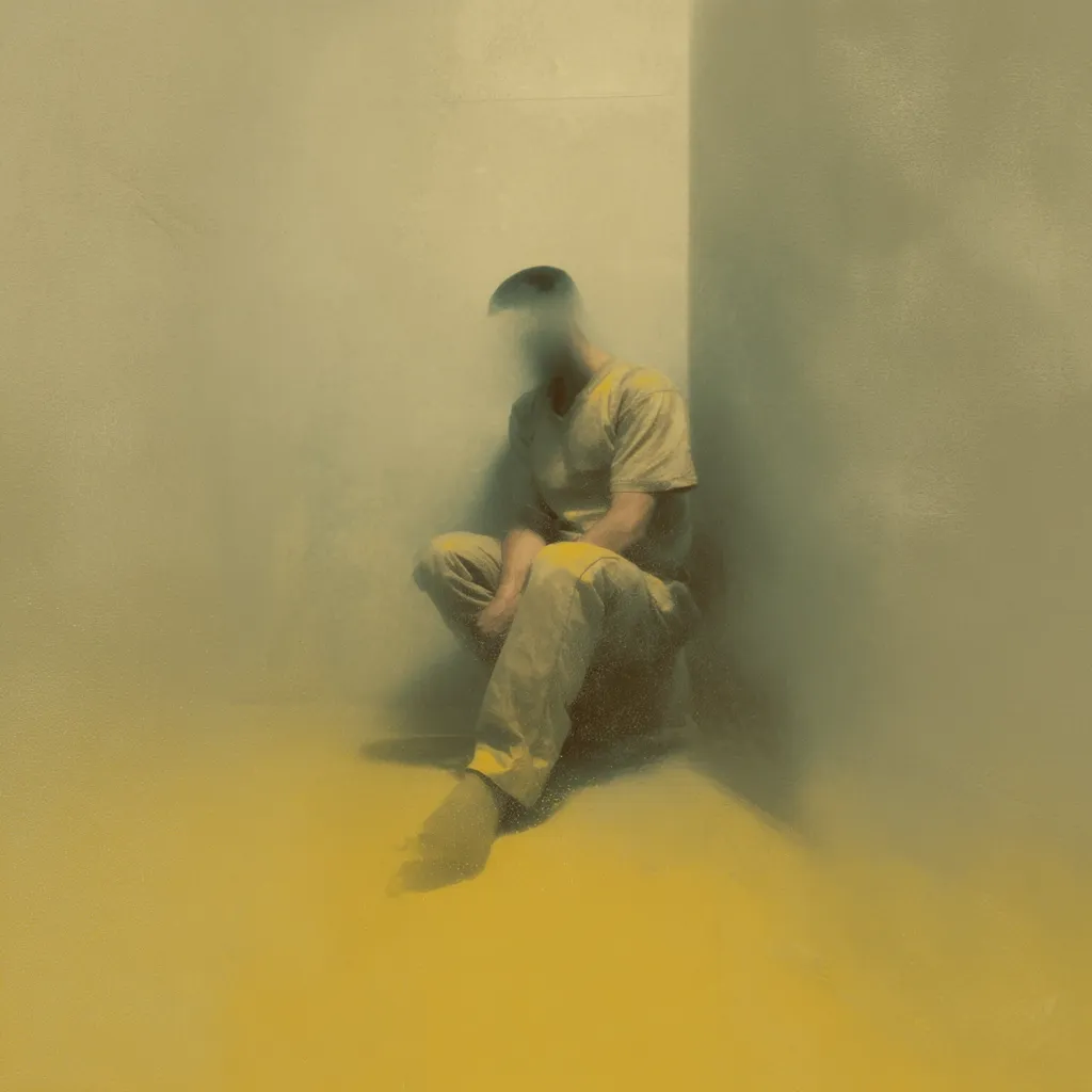 A faceless figure, clad in muted beige overalls, sits hunched in a corner. The room's walls and floor are a hazy blend of yellow and green.  The indistinct face and muted colors evoke a sense of isolation and anonymity. The overall mood is somber and contemplative, emphasizing feelings of loneliness and confinement.
