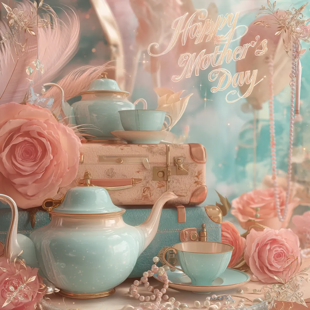 A pastel-colored Mother's Day image features delicate teacups and teapots arranged on vintage suitcases.  Soft pink roses and feathers add a romantic touch.  The words "Happy Mother's Day" are elegantly scripted in a light gold hue, creating a charming and sentimental scene.  Pearl necklaces and other decorative elements enhance the refined aesthetic.