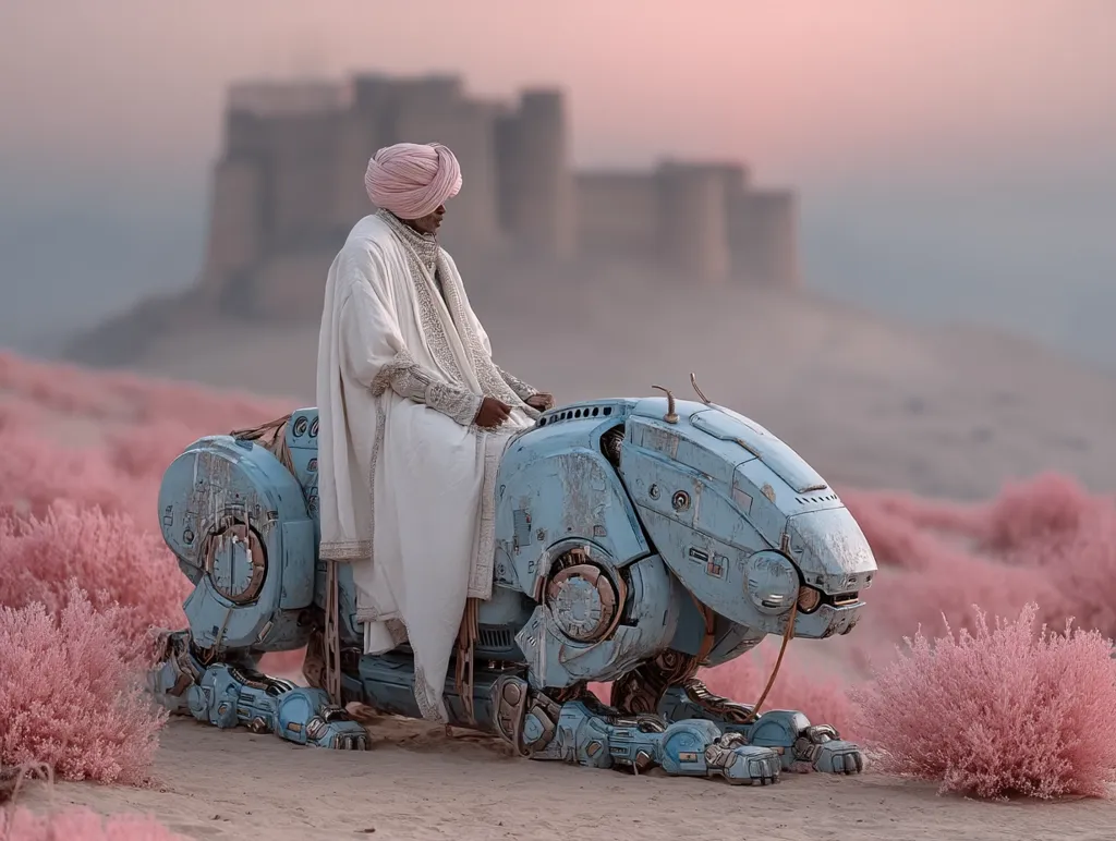 A man in traditional South Asian attire sits atop a futuristic, light-blue robotic creature resembling a stylized quadruped.  The scene is set in a desert landscape, with soft pink bushes and a hazy, distant fortress providing a surreal backdrop. The juxtaposition of ancient clothing and advanced technology creates a striking and imaginative image. The overall mood is serene and slightly melancholic.