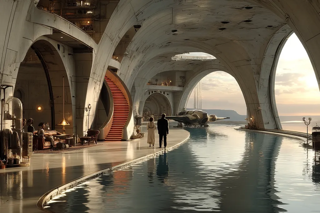 A futuristic hangar, bathed in soft sunset light, features a long reflecting pool.  A couple walks towards a sleek, docked spaceship. The architecture is grand and curved, with a red carpeted staircase adding a touch of elegance.  Seating areas with vintage furnishings are visible, creating a blend of old-world charm and advanced technology.  Large arched windows offer panoramic views of the tranquil waters beyond.