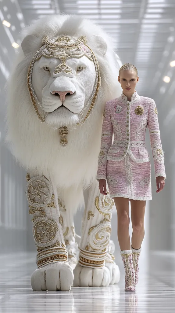 A fashion model in a pink embellished tweed suit and matching boots walks alongside a large, ornate, white lion statue.  The lion is adorned with gold and pearl embroidery, mirroring the detail on the model's clothing.  The scene is set in a bright, minimalist hallway, creating a striking contrast between the opulent garments and the clean backdrop.