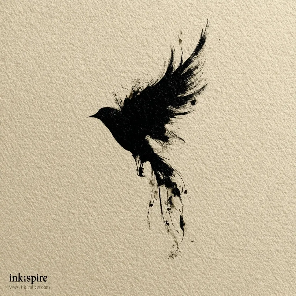A minimalist ink drawing of a bird in flight dominates the image.  The bird's silhouette is rendered in stark black against a light beige textured background, its wings and tail trailing expressive brushstrokes.  The overall style is suggestive of sumi-e painting, evoking a sense of freedom and motion.  The watermark "ink:spire" is subtly placed in the bottom left corner.