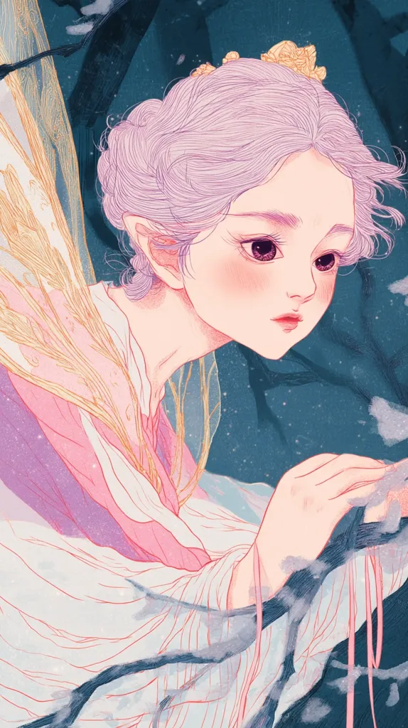 A delicate illustration depicts a fairy-like woman with lavender hair styled in an updo, adorned with small yellow flowers.  Her pointed ears and flowing, translucent pink and white garment suggest ethereal qualities.  She has large, expressive eyes and a gentle expression. The background is a dark teal with hints of white, creating a mystical and dreamlike atmosphere.  The overall style is soft and romantic, with intricate linework defining the character and her clothing.