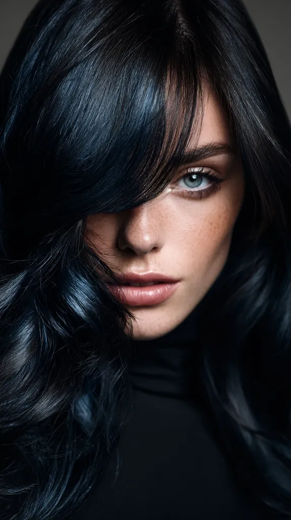 A close-up portrait of a woman with long, dark blue-black hair that partially obscures her face.  Her hair is styled in loose waves, with a fringe falling across her forehead.  One eye is visible, revealing a light gray or blue iris.  Her skin has a subtle freckled complexion, and her lips are softly painted a muted rose shade. She is wearing a dark, turtleneck top. The overall mood is mysterious and elegant.