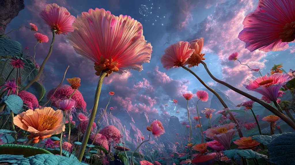 A vibrant, surreal landscape unfolds beneath a pastel sky.  Giant, stylized flowers in shades of pink, orange, and red dominate the scene, their long stems reaching towards a cloudy heavens speckled with luminous orbs. Smaller blooms and unusual foliage create a lush, dreamlike meadow, suggesting a fantastical and otherworldly environment. The overall impression is one of vibrant color and whimsical beauty.