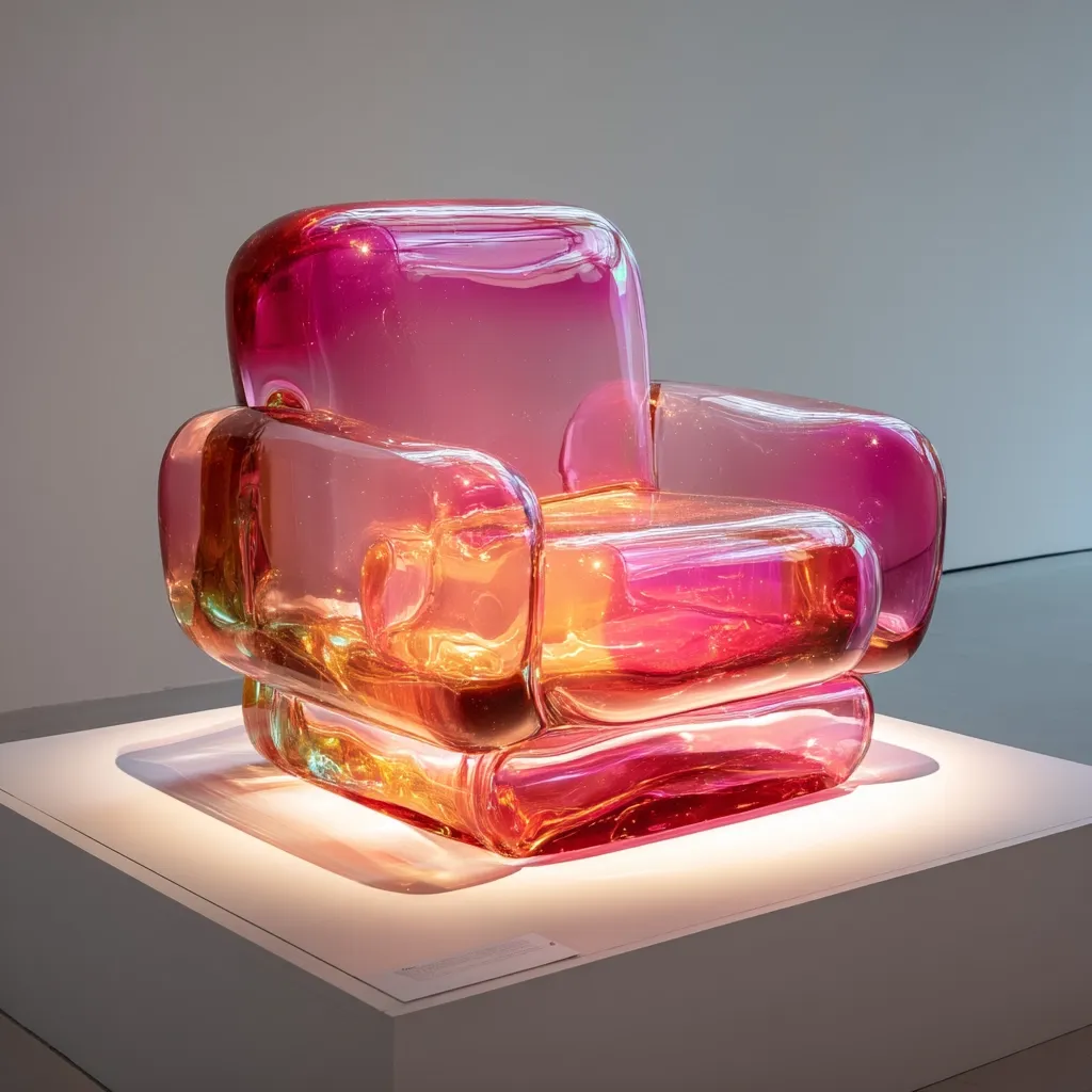 A vibrant pink and amber glass armchair is showcased on a minimalist white pedestal.  The chair's design is organic and seemingly inflated, with smooth, rounded forms.  The translucent glass allows light to pass through, creating a warm glow.  It is a contemporary art piece, striking in its unique material and form.
