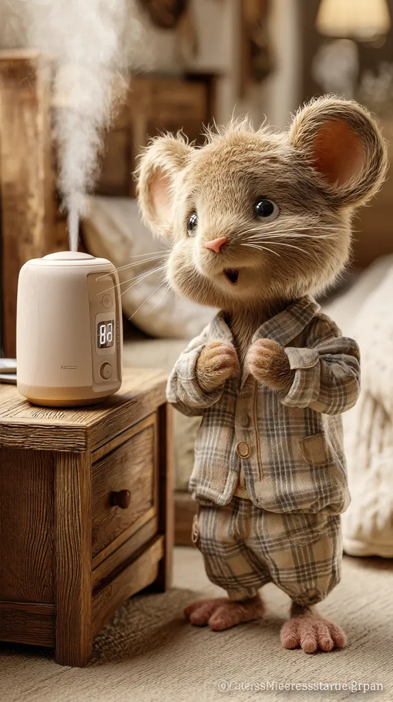A cute, anthropomorphic mouse in plaid pajamas stands near a small wooden nightstand.  A humidifier sits on the nightstand, emitting a gentle steam. The scene is cozy and domestic, with warm lighting and soft textures. The mouse appears to be admiring the humidifier, creating a charming and whimsical image.