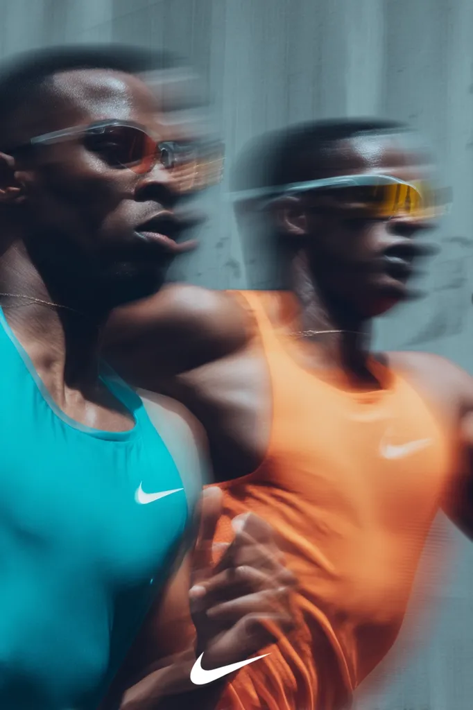 A dynamic image showcasing two athletes, blurred for motion effect, wearing Nike tank tops in teal and orange.  They appear to be running, their bodies leaning forward with intense focus.  Sunglasses partially obscure their faces, adding to the sense of speed and competition. The Nike logo is prominently featured on both shirts. The overall mood is energetic and competitive.