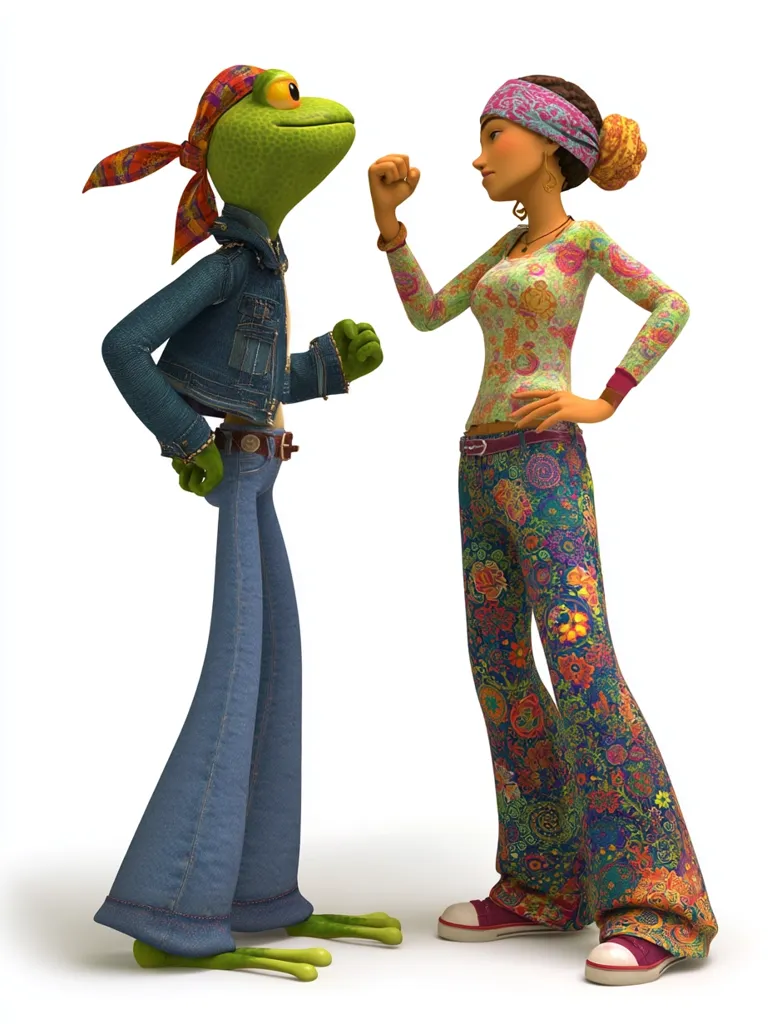 A stylish frog in bell-bottom jeans and a denim jacket faces off against a girl in vibrant 70s-inspired flared pants and a patterned top.  Both characters are 3D animated, adopting a confrontational pose. The frog sports a colorful bandana, while the girl wears a similarly patterned head wrap.  Their expressions are serious and suggest a playful rivalry.