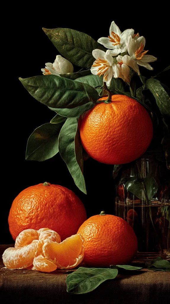 A still life showcasing three oranges and a peeled segment.  A large, vibrant orange is prominently displayed, partially obscured by a lush branch of orange blossoms with deep green leaves. Two more oranges and the peeled segment sit on a dark brown surface below. The oranges are in focus, contrasting against the dark background, creating a dramatic and appealing visual. The scene evokes a sense of freshness and natural beauty.