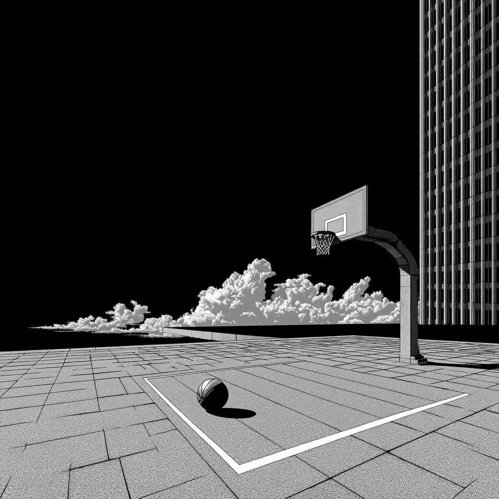 A monochrome illustration depicts a basketball court situated on a rooftop, adjacent to a towering skyscraper.  The sky features stylized clouds against a dark backdrop. A basketball rests on the court near the hoop, creating a scene of urban solitude and quiet contemplation. The detailed, almost engraved style emphasizes the contrast between the built environment and the natural elements.