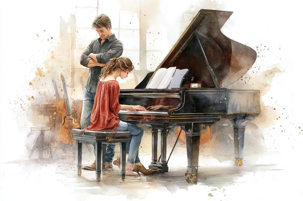 A watercolor painting depicts a woman playing a grand piano. A man stands behind her, arms crossed, seemingly observing her performance.  The setting appears to be a music studio or practice room, with a cello visible in the background. The scene is softly lit, with a focus on the woman and the instrument, creating a serene and artistic atmosphere. The style is impressionistic, with soft edges and muted colors.