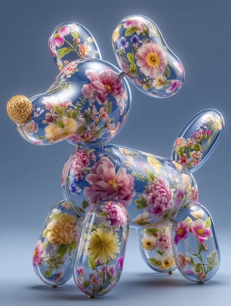 A whimsical balloon animal, shaped like a dog, is crafted from transparent material.  Its surface is adorned with a vibrant array of pressed flowers, creating a delicate and colorful design.  The floral pattern is detailed and seamlessly integrated into the balloon's form, giving it a unique, artistic quality.  The dog's nose is a small, golden detail.