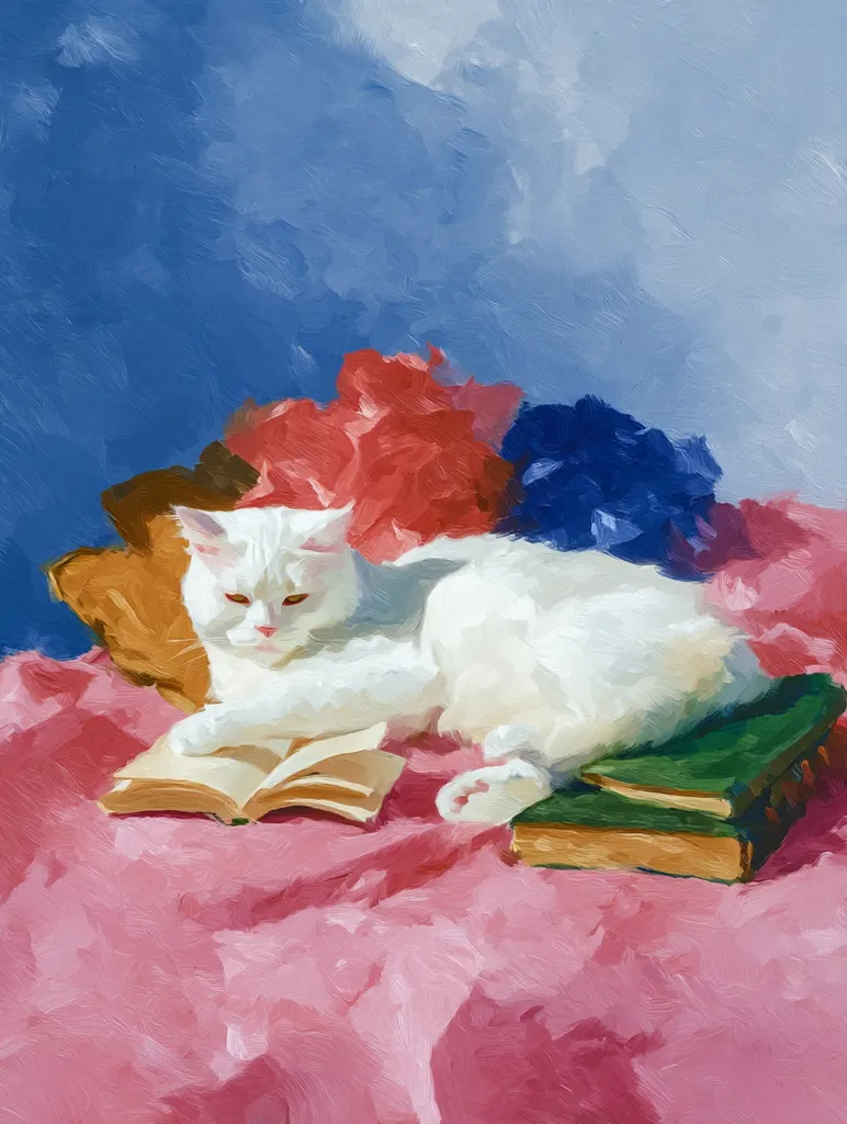A white cat rests on a pink cloth, languidly sprawled atop an open book.  Two more books lie nearby, nestled amongst  vibrant red and blue flowers. The scene is painted in a thick, impasto style, creating a textured and colorful composition. The background features a soft blue wash, providing a contrast to the warmer tones in the foreground.