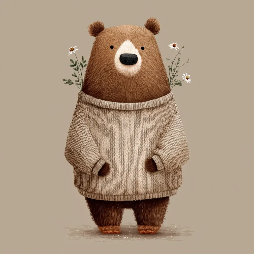 An illustration of a brown bear wearing a beige knitted sweater.  Small sprigs of daisies sprout from behind its shoulders. The bear stands on a neutral background, its expression calm and endearing. The style is soft, with a focus on texture and gentle color palettes, creating a cozy and comforting image.