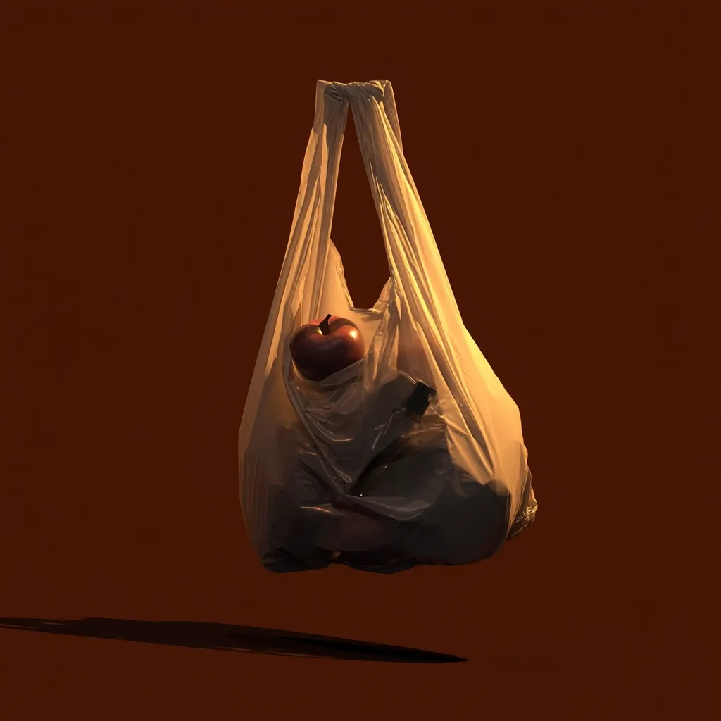A translucent plastic shopping bag hangs against a deep brown background, illuminated by a warm light source.  Inside, a single red apple and an indistinct object are visible. The bag's form is subtly distorted, suggesting weight or movement. The overall composition is minimalist and evokes a sense of fragility and environmental awareness.