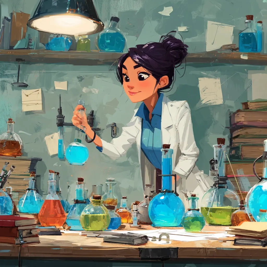 A young, smiling female scientist in a white lab coat examines a test tube filled with bright blue liquid in a cluttered laboratory.  Surrounding her are numerous glass flasks and bottles containing various colored liquids, suggesting a busy, experimental environment. Books and papers litter the workbench, adding to the atmosphere of scientific endeavor. The scene is painted in a vibrant, stylized manner.