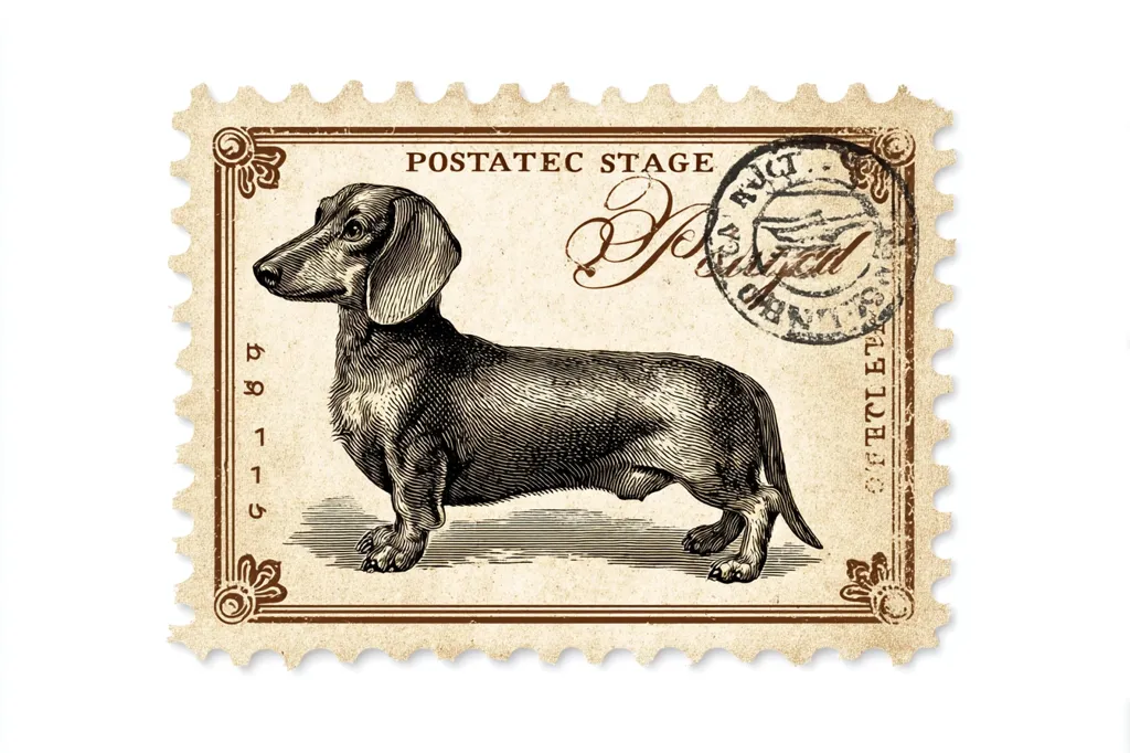 A vintage-style postage stamp features a detailed engraved illustration of a dachshund.  The stamp is off-white with brown borders and text, including "POSTATEC STAGE" and a stylized "Postal" marking.  The dachshund is depicted in profile, showcasing its long body and short legs.  The overall design evokes a nostalgic, antique aesthetic.