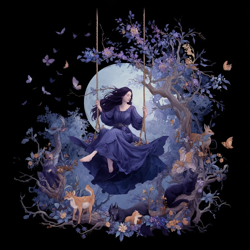 A woman in a long, flowing purple dress sits on a swing suspended from a flowering tree.  A large, pale moon illuminates the scene.  Surrounding her are various woodland creatures, including foxes, a wolf, and a deer, nestled amongst blossoming branches and swirling butterflies. The overall palette is cool and dreamy, evoking a mystical, enchanting atmosphere. The dark background accentuates the ethereal quality of the artwork.