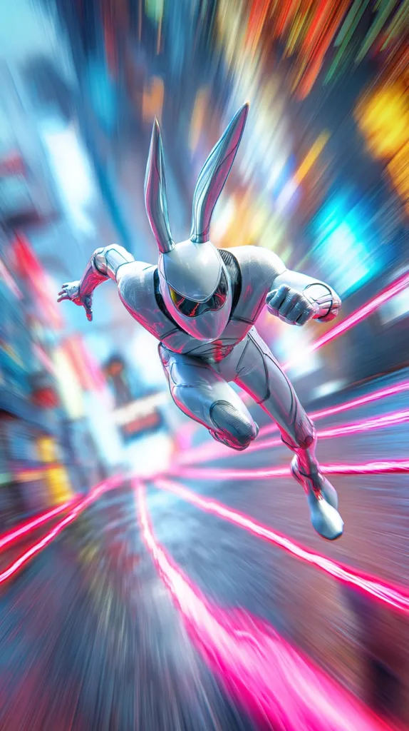 A futuristic, white rabbit-themed superhero, clad in sleek armor, speeds through a vibrant, neon-lit city street.  The dynamic image emphasizes motion blur, creating a sense of incredible speed and energy.  Pink and blue streaks of light accentuate the fast-paced action. The rabbit-like helmet enhances the unique design of this high-tech character.