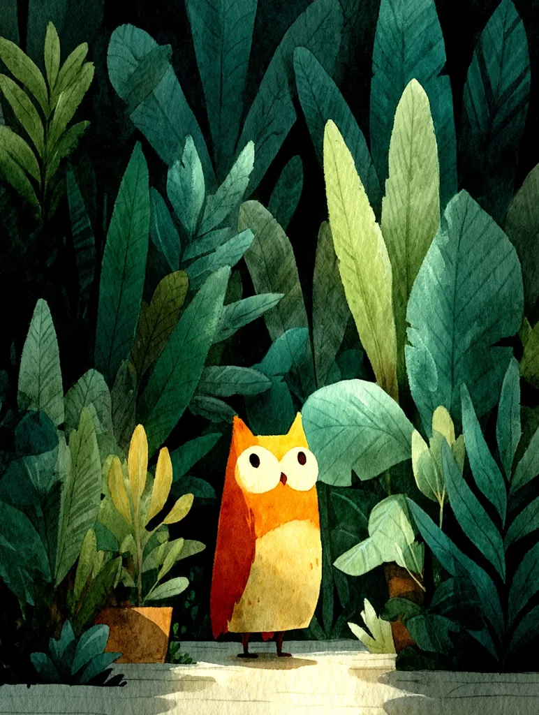 An illustration of an orange owl standing in a lush, dark green garden.  The owl is brightly colored, contrasting with the deep tones of the surrounding foliage.  Large leaves and smaller plants fill the background, creating a dense, jungle-like atmosphere.  A soft light illuminates the owl from below, highlighting its features. The style is painterly and whimsical.