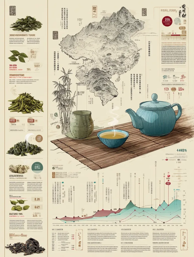 This infographic details the history and production of tea, specifically focusing on a region depicted on a hand-drawn map.  It includes data visualizations charting production over time, showing various tea types, their processing, and statistical information about yield and market trends.  The design uses a vintage aesthetic with illustrations of tea leaves, a teapot, and teacups, creating a visually appealing representation of the tea industry's growth.