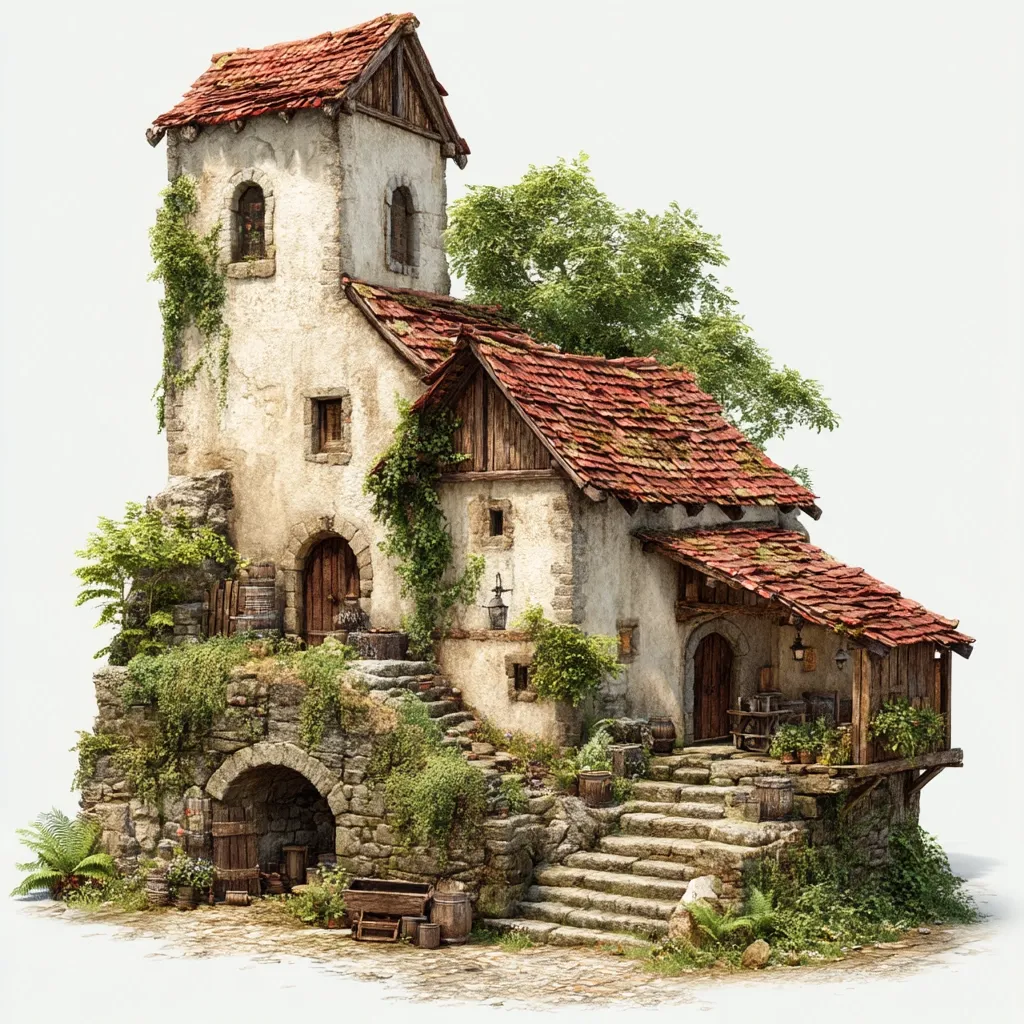 A charming, aged stone house with a red-tiled roof is nestled amidst lush greenery.  Ivy climbs its weathered walls, and a stone staircase leads to its entrance.  Wooden barrels and other rustic elements suggest a cellar or storage area. The building's architecture evokes a medieval or fairytale aesthetic, complete with a small tower and charming details.  The scene is peaceful and idyllic.