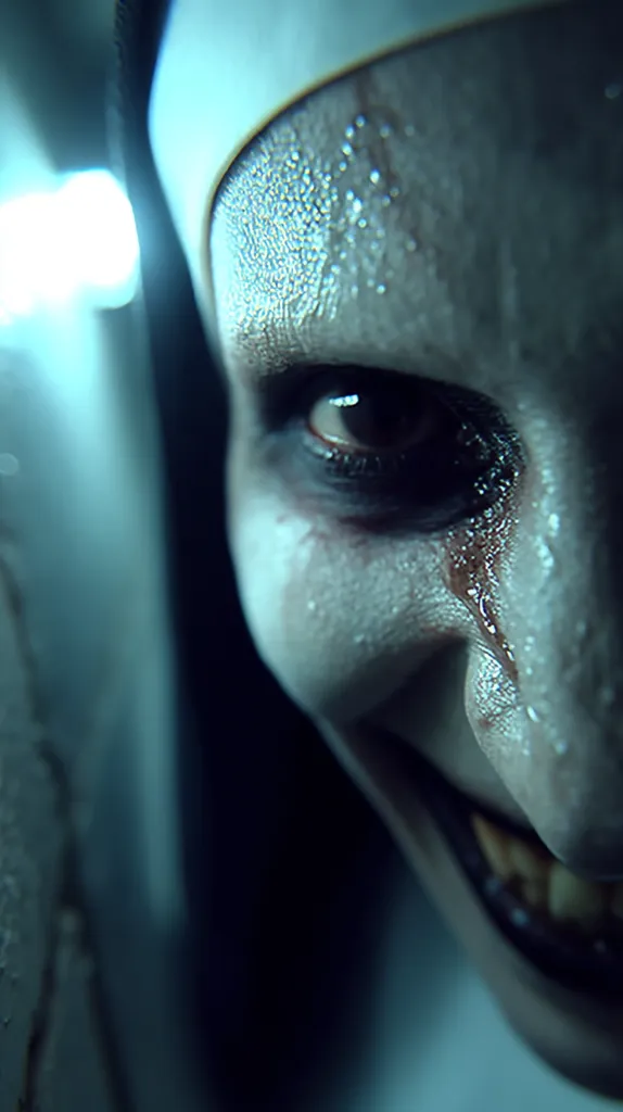 A close-up reveals a terrifying nun's face, drenched in sweat.  Her eyes, wide and intense, are framed by dark makeup. A sinister smile exposes jagged teeth, and a dark streak runs down her cheek. The overall mood is dark and unsettling, evoking a sense of horror. The image is sharply focused on her eye and mouth, creating a chilling effect.