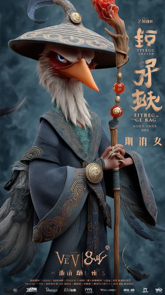This is a movie poster featuring an anthropomorphic bird, seemingly a wise sorcerer.  Dressed in ornate, dark robes and a wide-brimmed hat, it holds a staff topped with a fiery element.  The poster is predominantly dark, with Chinese characters and the title "VEV8" prominently displayed.  The style suggests a fantasy or animation film, possibly of Chinese origin.