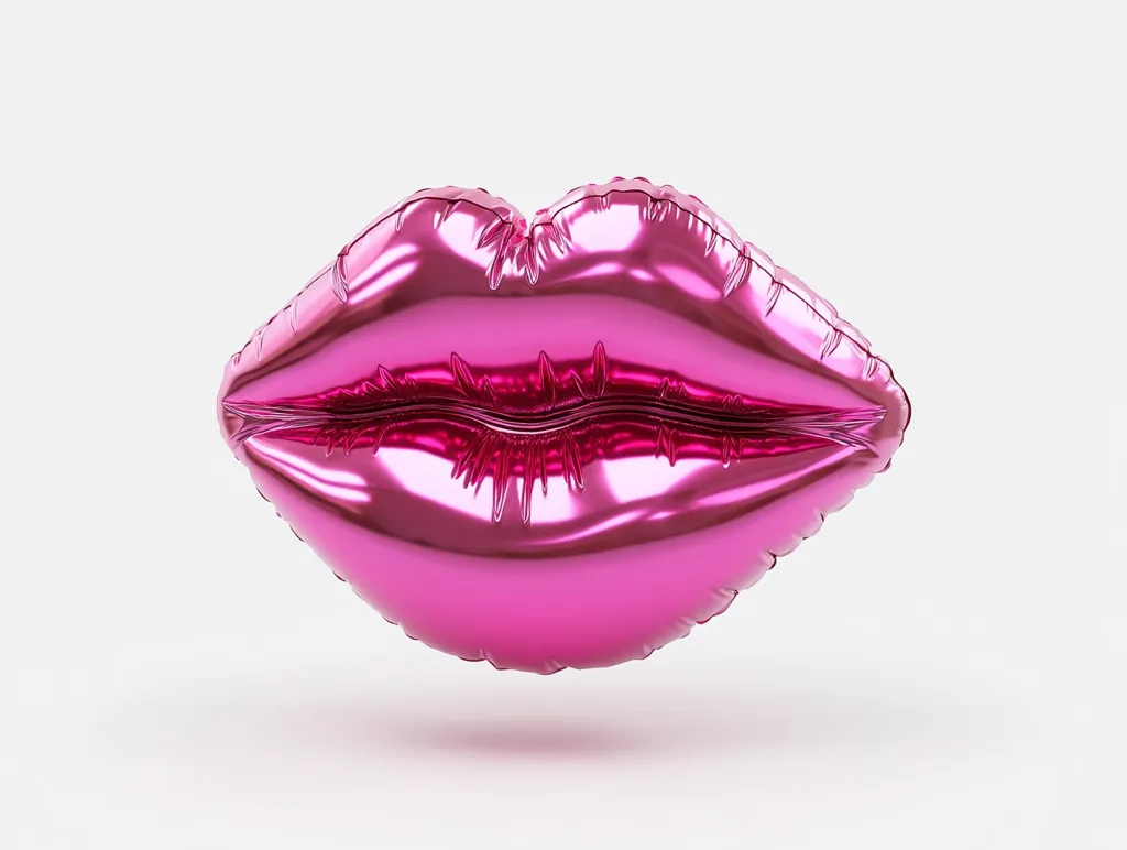 A shiny, pink, foil balloon in the shape of lips is presented against a white background.  The balloon is highly reflective, showing a glossy sheen.  It's a playful and visually striking image, likely representing love, romance, or a celebratory event. The balloon appears inflated and smooth, with subtle creases from the foil material.