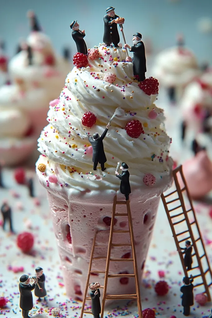 Miniature figures dressed as Orthodox Jewish men decorate a giant ice cream cone.  They use ladders to reach the top, adding sprinkles and raspberries to the whipped cream.  The scene is whimsical and detailed, with additional miniature figures scattered around the base.  The ice cream cone is large and pink, overflowing with creamy swirls.