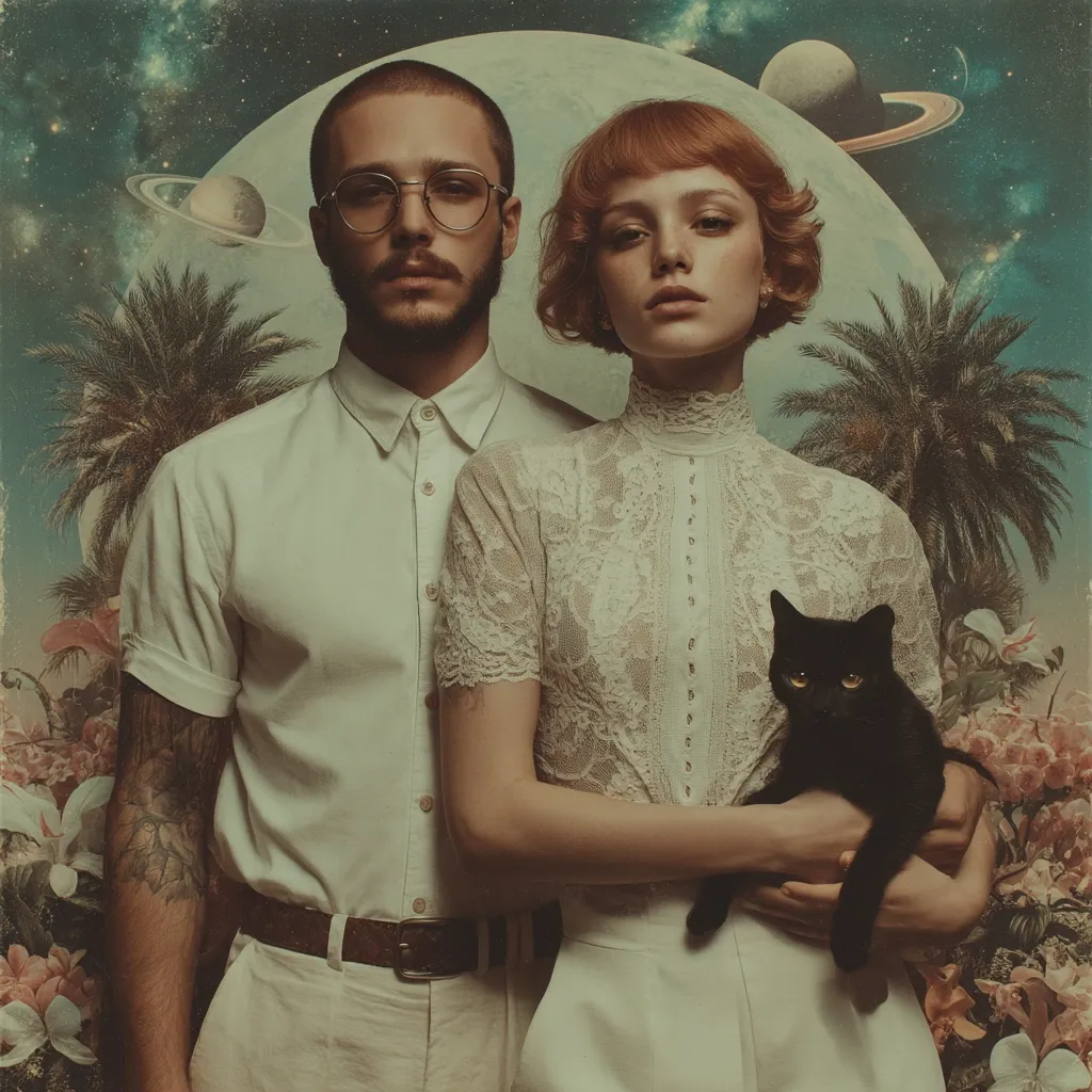 A stylized portrait of a young couple, a man and a woman, standing close together. The man wears a white shirt and beige pants, while the woman wears a white lace top and skirt. They hold a black cat between them.  The background features a large moon, planets, palm trees, and flowers, creating a surreal and dreamlike atmosphere.  The overall aesthetic is vintage and romantic.