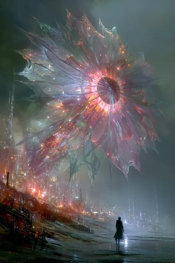 A lone figure stands on a desolate shore, gazing up at a colossal, bioluminescent structure hovering over a futuristic city. The structure resembles a gigantic, translucent organism, pulsating with inner light.  The city below is a blend of towering structures and glowing lights, creating a dramatic contrast against the dark, misty sky. The overall atmosphere is one of awe and impending mystery.