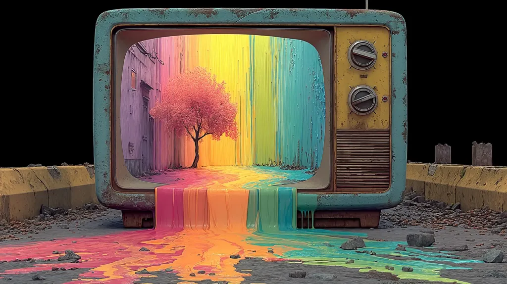 A vintage television set, weathered and worn, sits on a desolate road.  Its screen displays a vibrant, colorful alleyway scene featuring a pink tree and rainbow-hued walls.  Brightly colored paint spills from the screen onto the ground, creating a surreal and dreamlike effect, blending reality and the television's imagery. The overall scene is artistically rendered, combining elements of decay and fantasy.