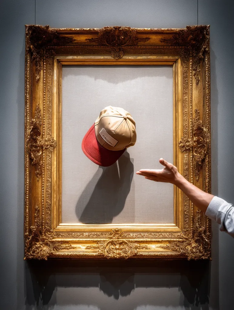 A beige baseball cap with a red brim, seemingly floating within a large, ornate gold picture frame. A hand extends towards the cap, creating a humorous juxtaposition of contemporary streetwear and classic art. The image suggests a playful commentary on the art world or the contrast between high and low culture. The setting appears to be a gallery or museum, enhancing the ironic presentation.