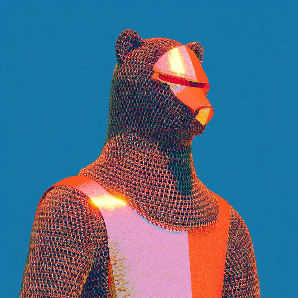 A stylized 3D rendering depicts a bear's head and torso clad in vibrant orange and pink chainmail. The chainmail is intricately detailed, giving a metallic sheen. The bear's head is partially obscured by a helmet, also crafted from chainmail. The color palette is bold and contrasting, creating a striking visual effect against a solid blue background.  The image suggests a blend of medieval and futuristic aesthetics.