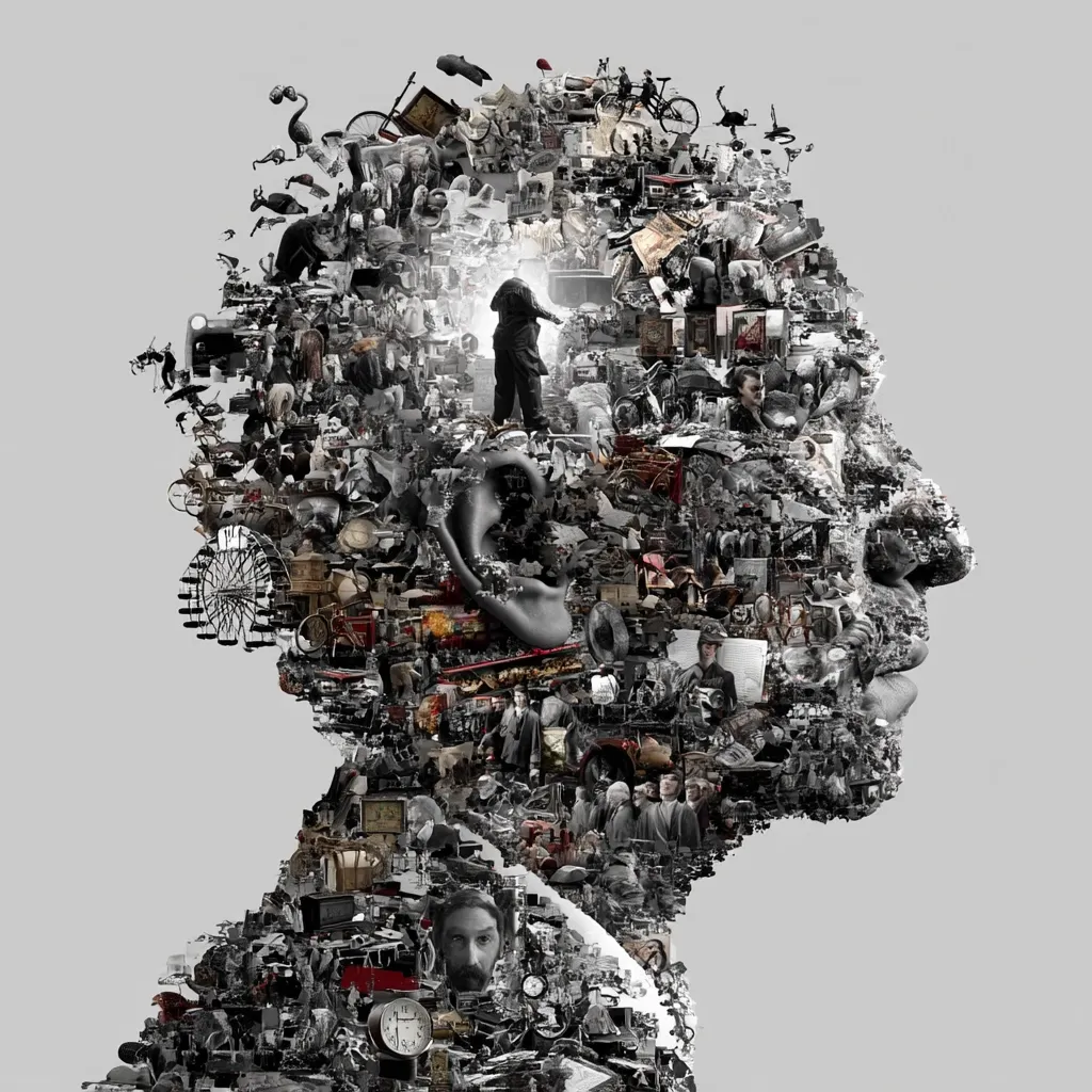 A striking profile portrait, created from a multitude of monochrome images.  The head is formed from a collage of historical objects, people, and scenes, suggesting a rich and complex inner life. A solitary figure stands within the head's interior, facing a light, symbolizing introspection or memory. The overall effect is one of layered history and personal experience, vividly depicted through this intricate visual puzzle.