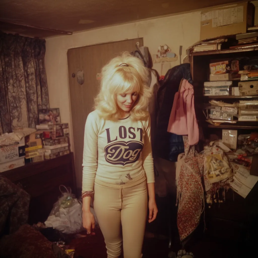 A young woman with blonde hair styled in a bouffant stands in a cluttered room. She wears a cream-colored long-sleeved shirt with "Lost Dog" printed on it and matching cream pants.  The room is filled with boxes, clothing piled on a shelf, and general disarray, suggesting a lived-in, possibly bohemian or unconventional space.  The overall tone is warm and slightly nostalgic, reminiscent of 1970s photography.