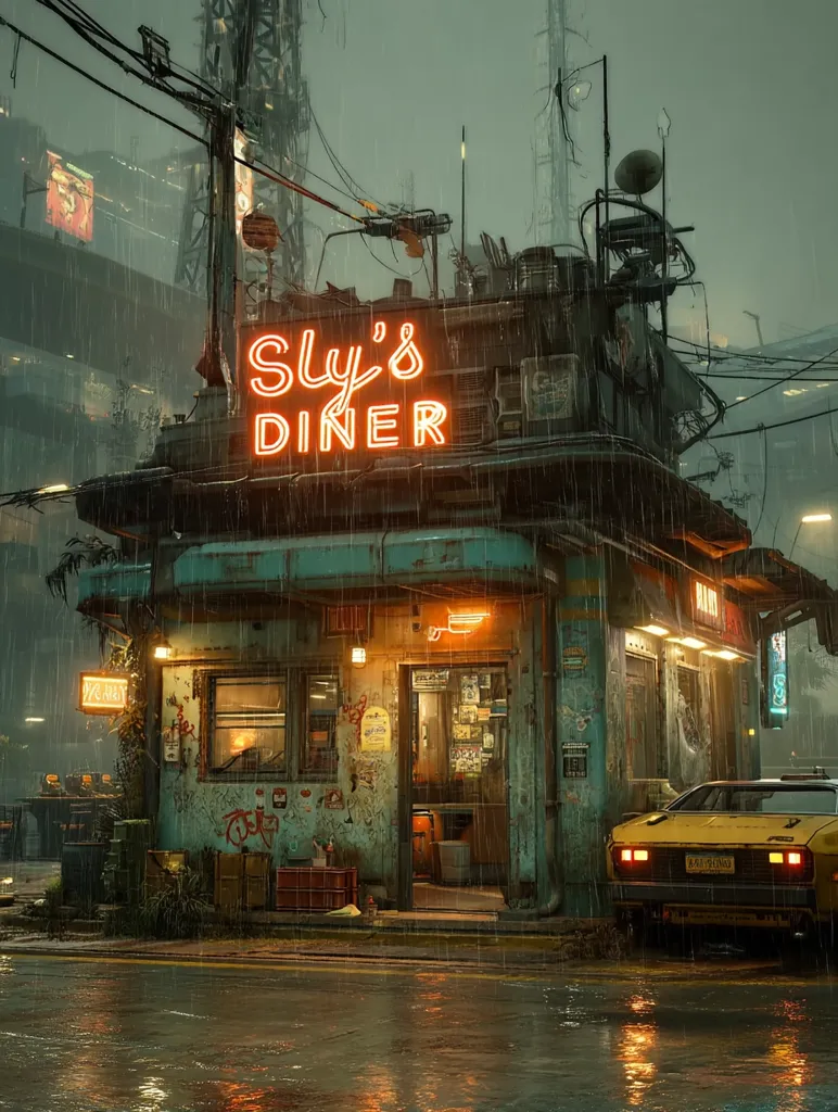 A cyberpunk-style diner, "Sly's Diner," is depicted under a rainy night.  The building is worn and graffitied, showing a futuristic yet dilapidated aesthetic.  Neon signs illuminate the scene, contrasting with the dark, wet streets. A yellow car is parked nearby, adding to the atmospheric setting of a gritty, urban landscape. The overall mood is melancholic and atmospheric.