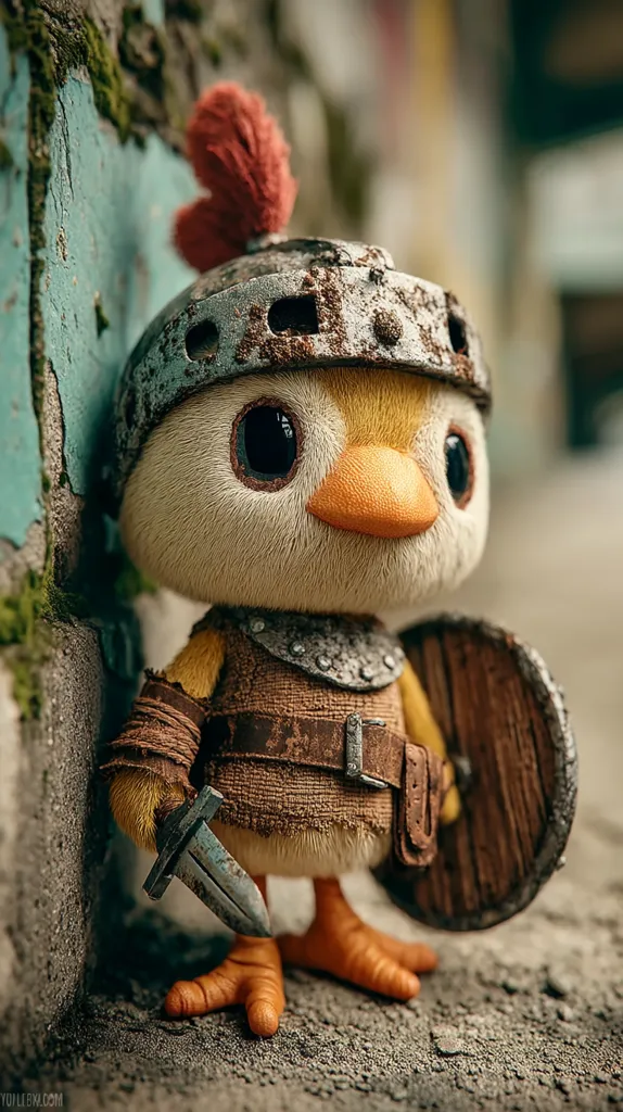 A charming, stylized chick is depicted as a miniature warrior.  Clad in a weathered, rusty helmet adorned with a red plume, the chick wears worn brown armor and carries a small dagger and shield. Its large, expressive eyes and fluffy texture contrast with the rugged, battle-worn equipment, creating a whimsical yet captivating image.  The chick stands near a mossy, aged wall, adding depth to the scene.