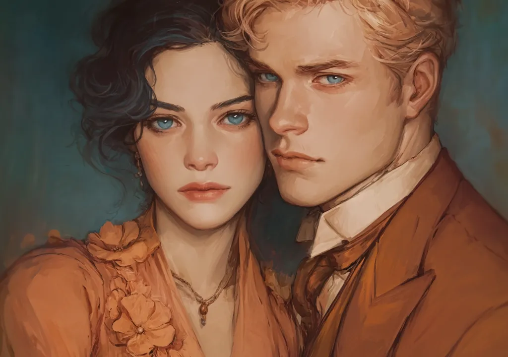 A painting depicts a young couple in close proximity. The woman, with dark, curly hair and striking blue eyes, wears a peach-colored dress adorned with floral accents.  Her male companion, blonde and also blue-eyed, is dressed in a brown suit and crisp white collar. Their eyes meet, conveying intimacy and a sense of shared understanding. The painting's soft palette and painterly style evoke a romantic, nostalgic mood.