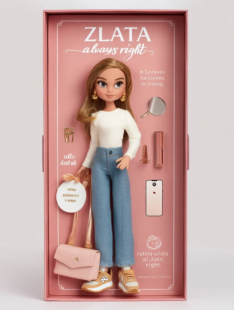 A Zlata "always right" fashion doll is presented in a pink box.  The doll has long brown hair, wears a cream sweater, blue jeans, and sneakers. Accessories include a purse, makeup, a compact mirror, and a phone.  The box features text in a stylized font and illustrations. The overall aesthetic is modern and chic.