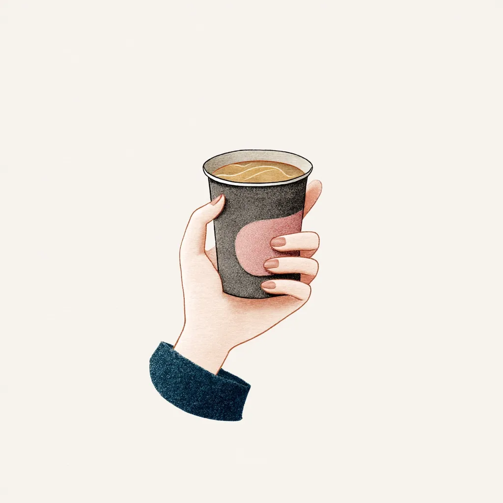 A stylized illustration shows a hand holding a disposable coffee cup filled with a light brown beverage. The cup is dark gray with a light pink circular logo.  The hand is pale with subtly painted nails. The arm is partially visible, wearing a dark blue sleeve. The background is a plain, off-white. The overall style is soft and slightly textured, reminiscent of watercolor.