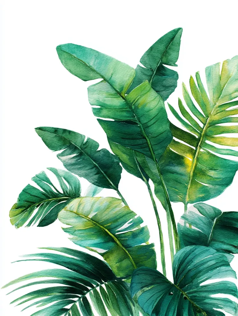 A watercolor painting showcases a lush arrangement of tropical leaves.  Large banana-like leaves dominate the composition, their vibrant green hues ranging from deep emerald to lighter, yellowish-green tones.  Smaller, more delicate palm fronds and monstera-like leaves are interspersed, adding depth and texture. The leaves are rendered with soft, painterly strokes, creating a sense of natural movement and vibrancy against a clean white background.