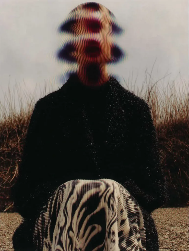 The photograph features a person seated outdoors, their face obscured by a distorted, glitching visual effect suggesting a digital overlay or malfunction.  They wear a dark, textured coat over a pleated skirt with a zebra-like pattern. The background is a blurred expanse of dry, brown grasses under a pale sky, creating a desolate yet stylish mood.  The overall image is moody and somewhat unsettling.