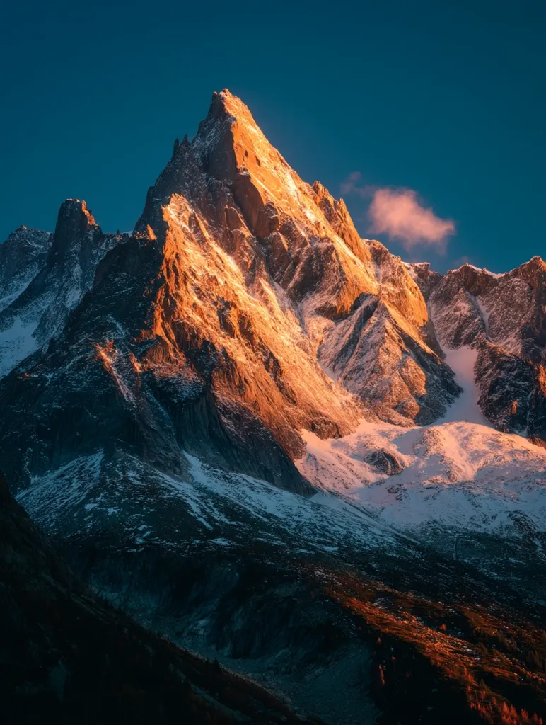 A majestic, snow-capped mountain peak is bathed in the warm, golden light of sunrise.  The rugged, textured rock face contrasts sharply with the pristine white snow.  The deep blue of the twilight sky provides a striking backdrop to the dramatic mountain landscape.  The scene evokes a sense of awe and the raw beauty of nature.