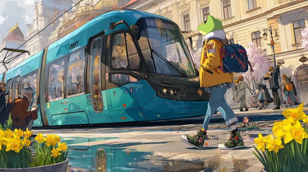 A vibrant illustration depicts a teal modern tram traversing a European city street.  A person in a frog mask and yellow jacket walks past, carrying a backpack.  Spring blossoms adorn the trees, and daffodils bloom in pots beside a reflective puddle on the cobblestones.  Other pedestrians are visible, creating a bustling city scene. The overall style is whimsical and detailed, with a focus on light and color.